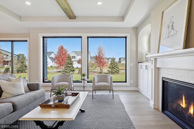 living room featuring beamed ceiling, a wealth of natural light, and light hardwood / wood-style flooring