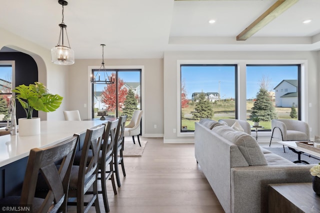 living room with a notable chandelier and light hardwood / wood-style floors