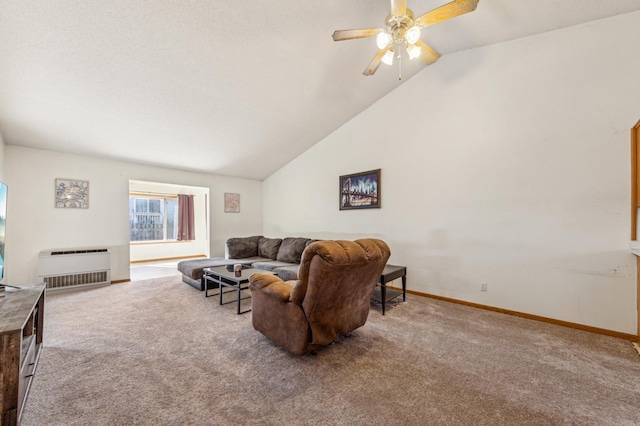 983 County Road D E, Vadnais Heights, MN 55109 - carpeted living area with ceiling fan, baseboards, lofted ceiling, and heating unit