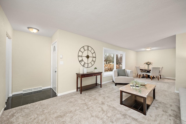 living room with carpet floors and a textured ceiling