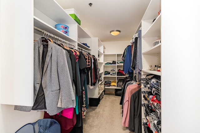 walk in closet with light carpet