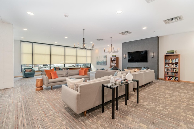 living room featuring an inviting chandelier