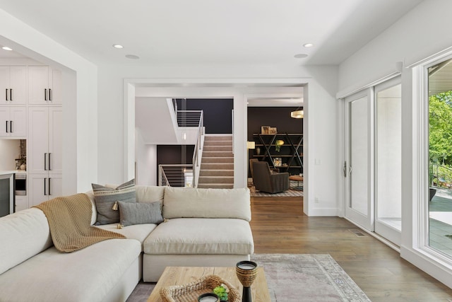 4540 Upton Ave S, Minneapolis, MN 55410 - living room with stairs, light wood-type flooring, and recessed lighting