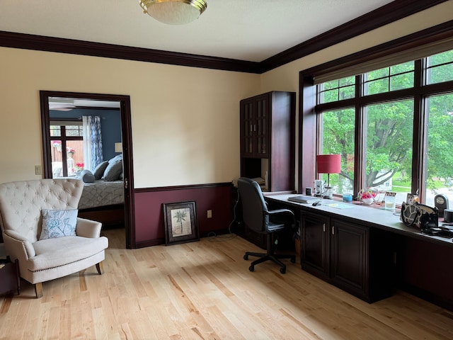 office with a healthy amount of sunlight, built in desk, light wood-type flooring, and crown molding