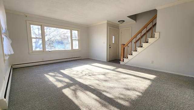 unfurnished living room with baseboard heating, crown molding, carpet flooring, and a textured ceiling