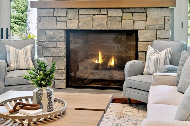 living area with a stone fireplace