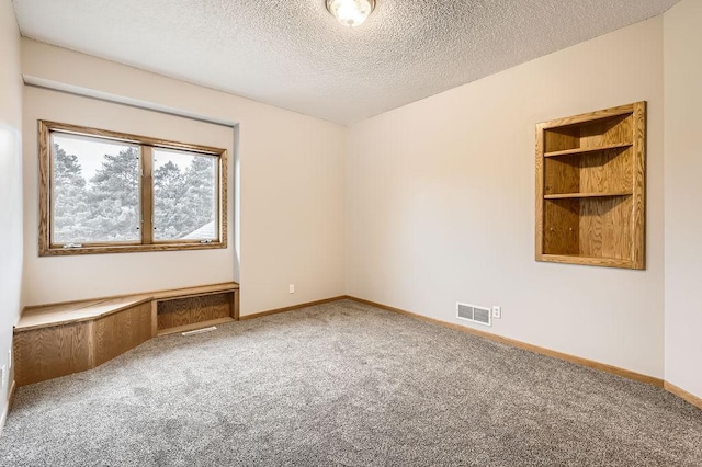 unfurnished room with a textured ceiling and carpet flooring