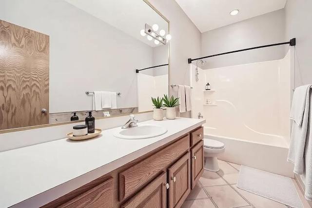 full bathroom featuring  shower combination, toilet, tile patterned flooring, and vanity