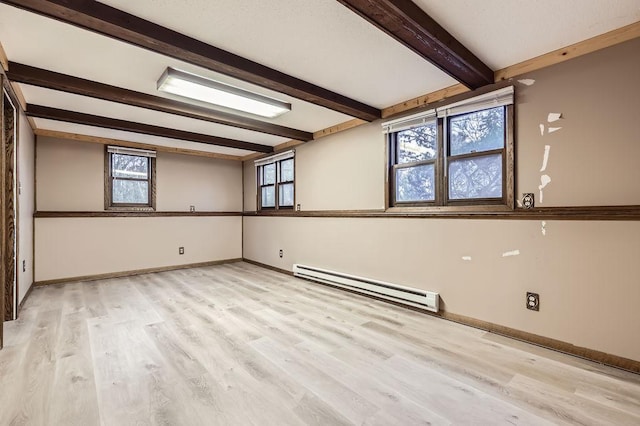 unfurnished room featuring a baseboard radiator, plenty of natural light, beam ceiling, and light hardwood / wood-style flooring