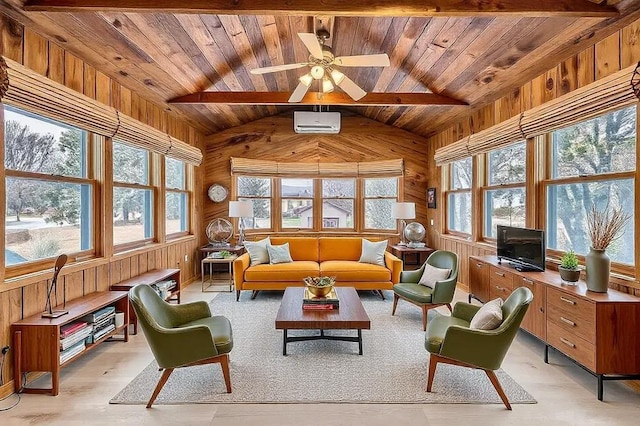 interior space with an AC wall unit, wood walls, vaulted ceiling with beams, ceiling fan, and wooden ceiling