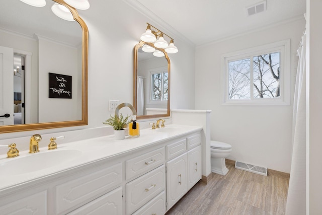 bathroom with vanity, crown molding, and toilet