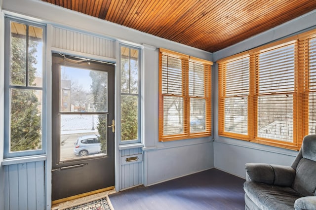 sunroom with wood ceiling