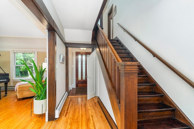 2328 3rd St, Duluth, MN 55812 - staircase featuring baseboard heating, a baseboard radiator, and wood finished floors
