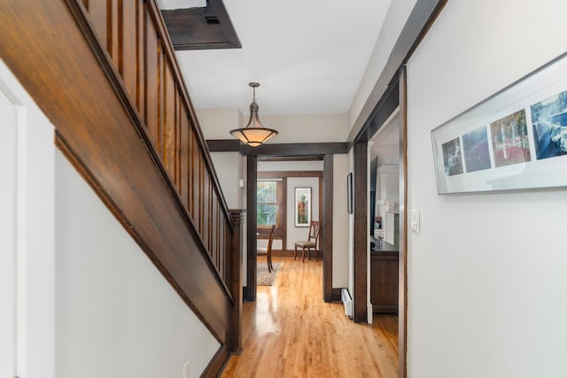 2328 3rd St, Duluth, MN 55812 - hall featuring light wood finished floors, stairway, and baseboard heating