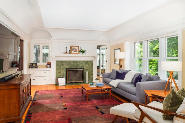 2328 3rd St, Duluth, MN 55812 - living room featuring a tile fireplace, light wood-style floors, and a raised ceiling
