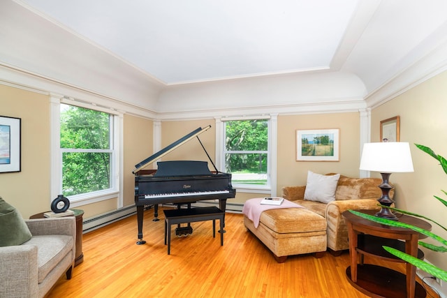 2328 3rd St, Duluth, MN 55812 - living area featuring wood finished floors, a raised ceiling, baseboard heating, ornamental molding, and decorative columns