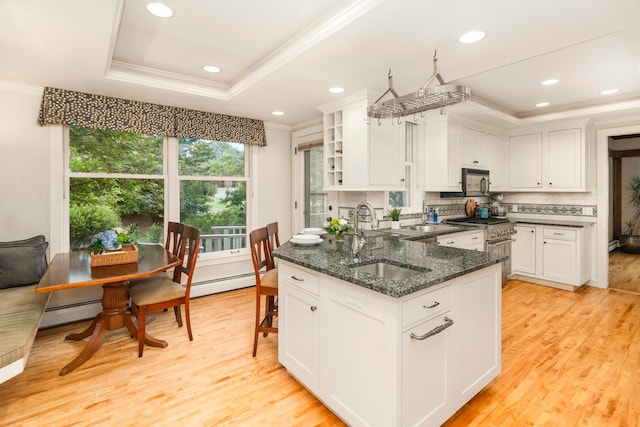 2328 3rd St, Duluth, MN 55812 - kitchen with crown molding, a tray ceiling, white cabinetry, a baseboard heating unit, and stainless steel appliances
