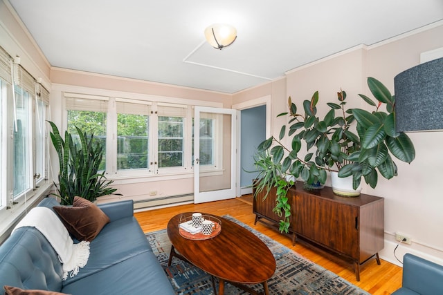 2328 3rd St, Duluth, MN 55812 - living area with wood finished floors, healthy amount of natural light, a baseboard radiator, and crown molding