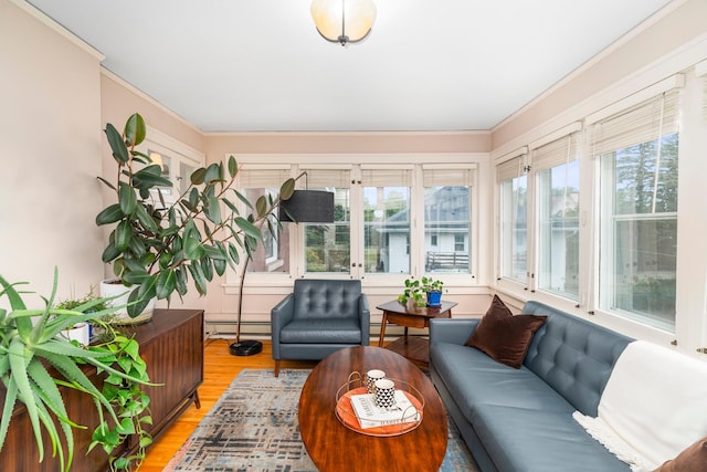 2328 3rd St, Duluth, MN 55812 - sunroom / solarium with ornamental molding, a baseboard radiator, and wood finished floors