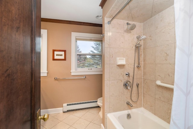 2328 3rd St, Duluth, MN 55812 - full bathroom with a baseboard radiator, shower / tub combo with curtain, tile patterned floors, and crown molding