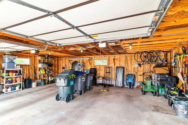2328 3rd St, Duluth, MN 55812 - garage featuring a garage door opener and wood walls
