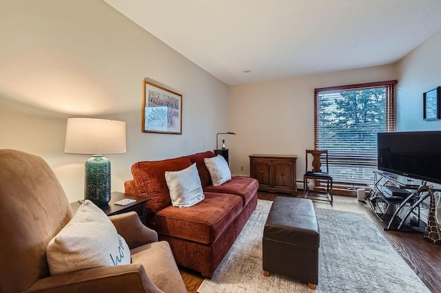 living area featuring baseboard heating and wood finished floors