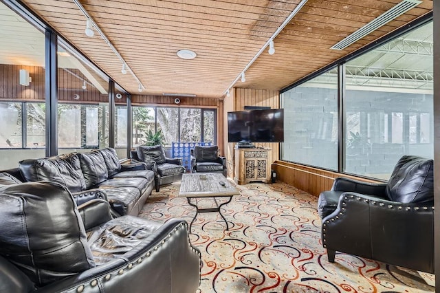 living area with carpet, wood ceiling, rail lighting, and wooden walls