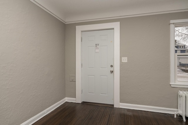 interior space with crown molding, radiator heating unit, and dark wood-type flooring