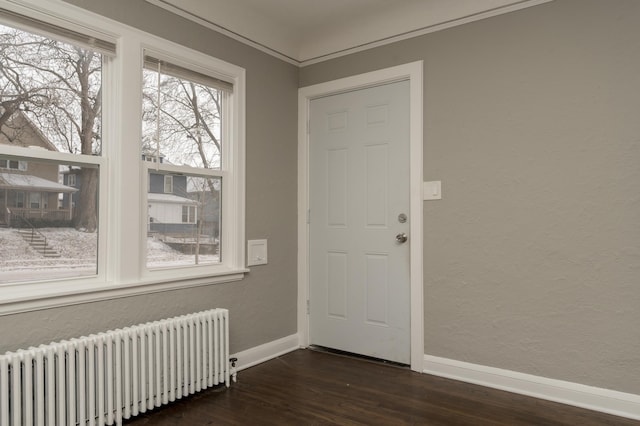 foyer entrance with dark hardwood / wood-style floors, radiator heating unit, and crown molding