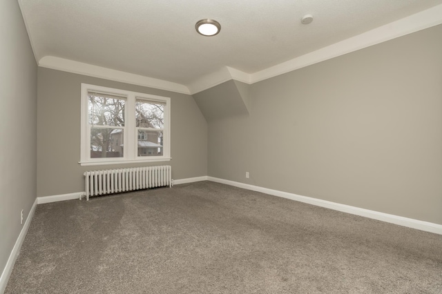 additional living space featuring dark carpet, radiator heating unit, a textured ceiling, and vaulted ceiling