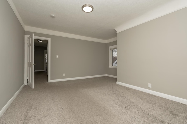 carpeted empty room with a textured ceiling and ornamental molding