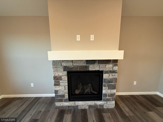 details with wood-type flooring and a stone fireplace