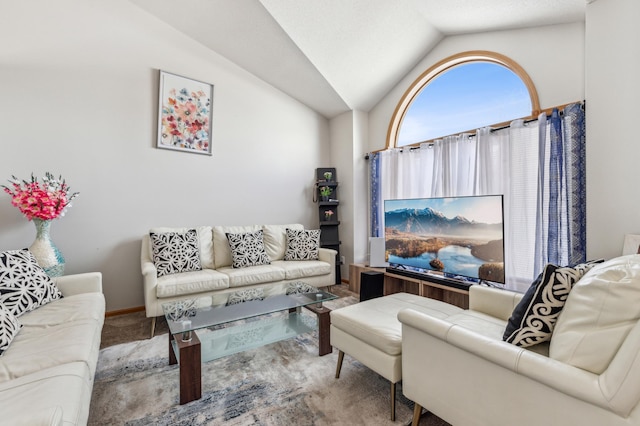 living room with lofted ceiling and light colored carpet