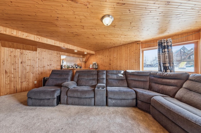 living room featuring carpet, wood ceiling, and wooden walls