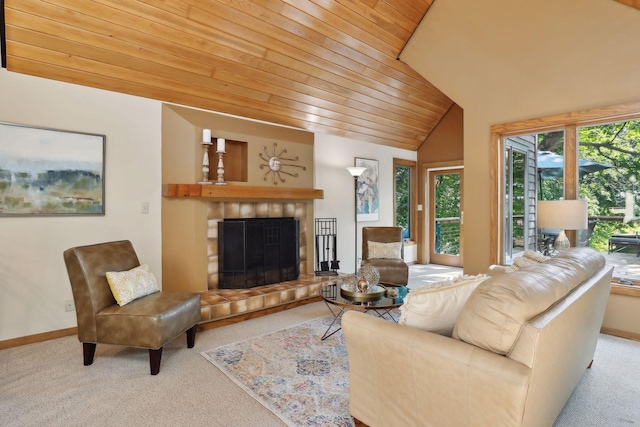 living room with light colored carpet, high vaulted ceiling, and wood ceiling