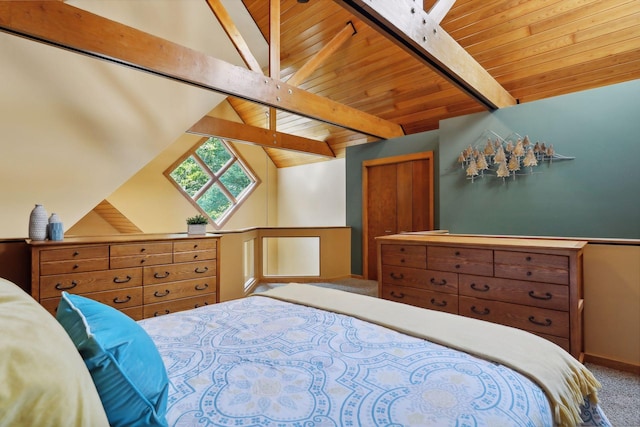 bedroom featuring carpet flooring, lofted ceiling with beams, and wood ceiling