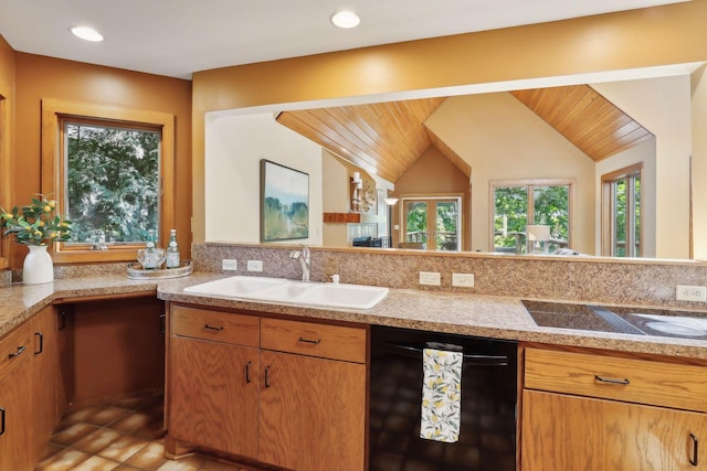 kitchen with black dishwasher, a healthy amount of sunlight, lofted ceiling, and sink