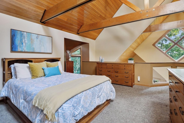 carpeted bedroom featuring beamed ceiling, high vaulted ceiling, and wooden ceiling