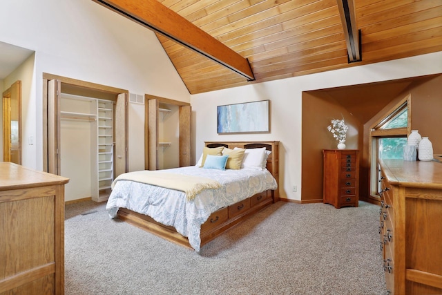 bedroom featuring beam ceiling, light colored carpet, high vaulted ceiling, and wooden ceiling