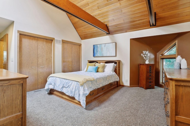 carpeted bedroom with beamed ceiling, wood ceiling, high vaulted ceiling, and two closets