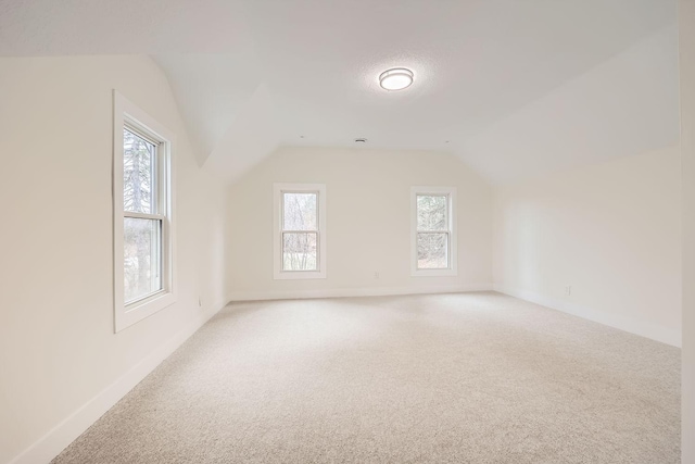 additional living space featuring a healthy amount of sunlight, lofted ceiling, and light carpet