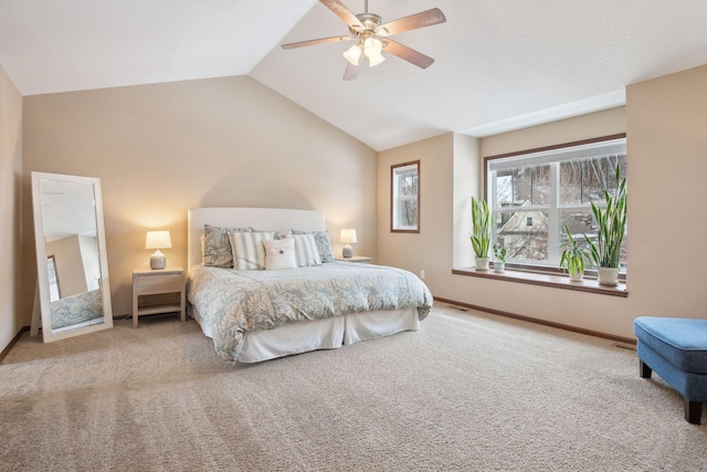 carpeted bedroom with lofted ceiling and ceiling fan