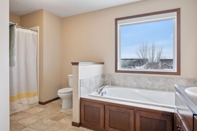 full bathroom with vanity, toilet, and plus walk in shower