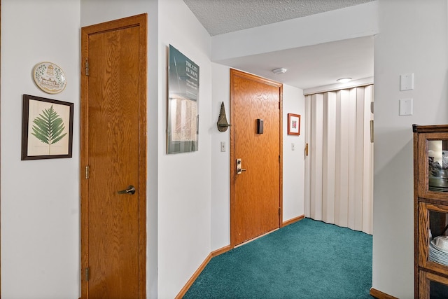 hall with carpet and a textured ceiling