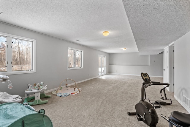 workout area with a healthy amount of sunlight, a textured ceiling, and carpet flooring