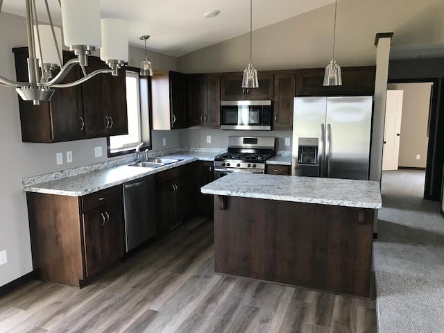 kitchen with stainless steel appliances, vaulted ceiling, sink, pendant lighting, and hardwood / wood-style floors