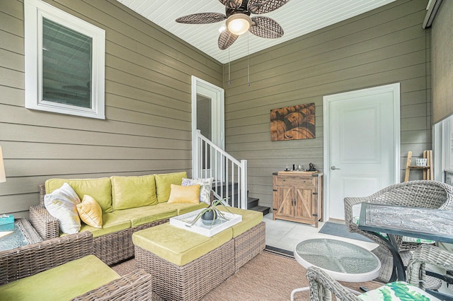 view of patio featuring ceiling fan and an outdoor hangout area