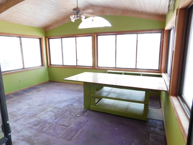 unfurnished sunroom with ceiling fan, wooden ceiling, and lofted ceiling