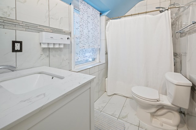 full bathroom featuring shower / bath combination with curtain, toilet, tile walls, and vanity