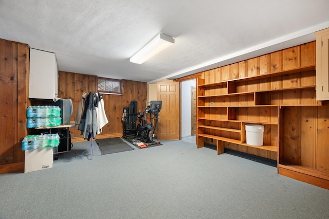 exercise room featuring carpet, wood walls, and a textured ceiling